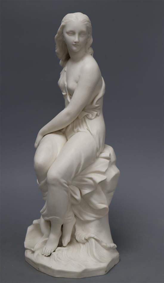 A Minton parian figure of Miranda by John Bell, semi-draped and seated with a large conch shell at her feet, height 40cm